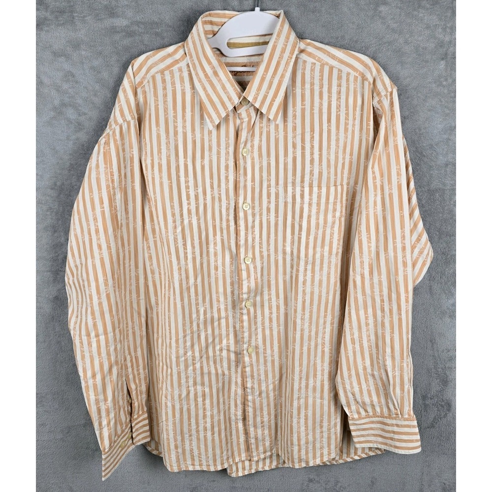 Tommy Bahama Mens Large Orange White‎ Striped Silk Cotton Floral Jacquard Shirt